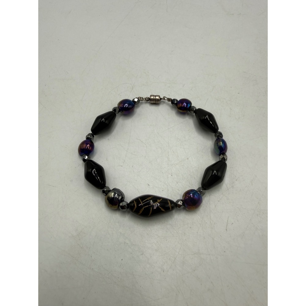 Black and Iridescent Beaded Magnetic Clasp Bracelet Gold Etched Focal Bead 8.5"
